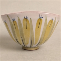 gul grøn stribet mini oval skål fra Laholm keramik Sverige gammel